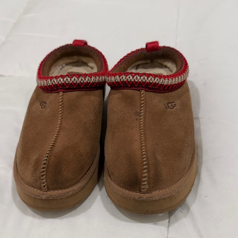 UGG Kids Tan Slippers with Red Trim